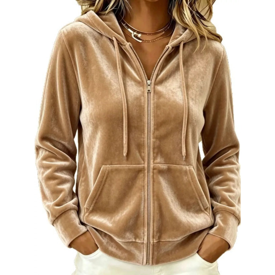 Full Size Velvet Zip-Up Outerwear with Drawstring Plus Camel / S Apparel and Accessories