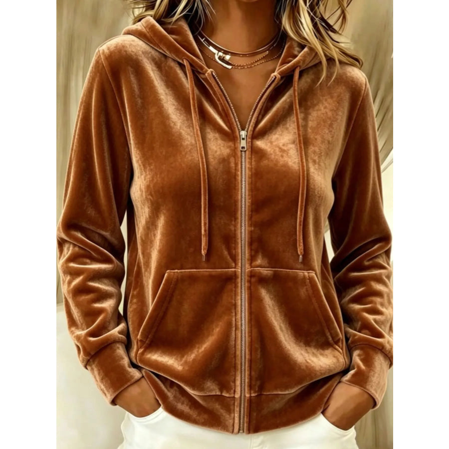 Full Size Velvet Zip-Up Outerwear with Drawstring Plus Caramel / S Apparel and Accessories
