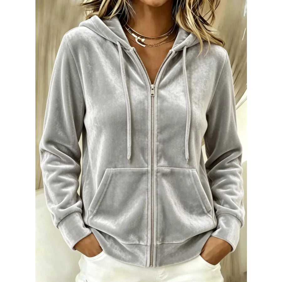 Full Size Velvet Zip-Up Outerwear with Drawstring Plus Light Gray / S Apparel and Accessories