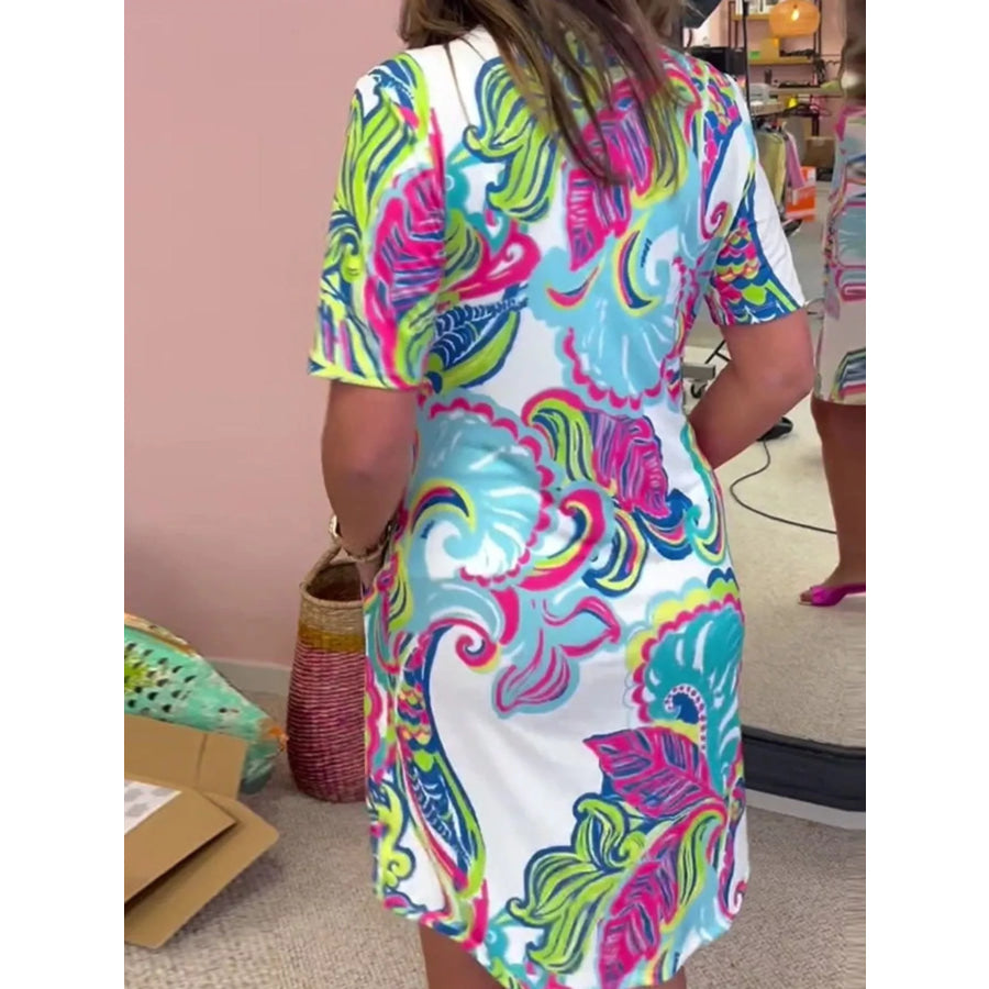 Full Size Vibrant Paisley Print Short Sleeve Shift Dress Plus White / S Apparel and Accessories