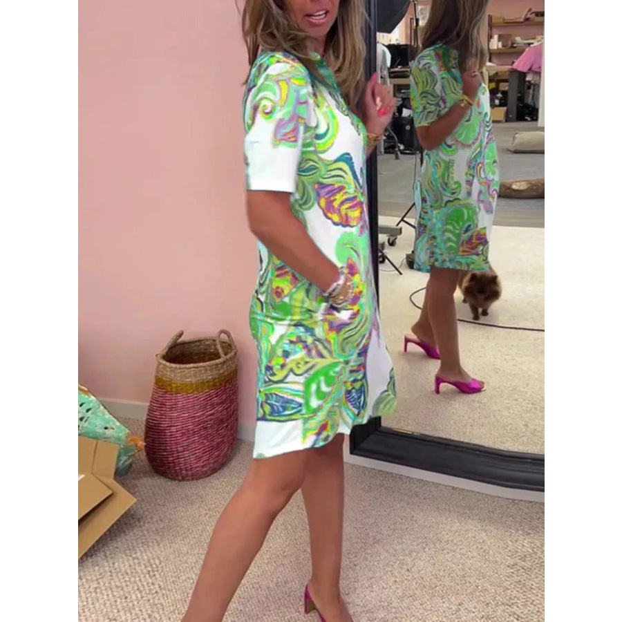 Full Size Vibrant Paisley Print Short Sleeve Shift Dress Plus Apparel and Accessories