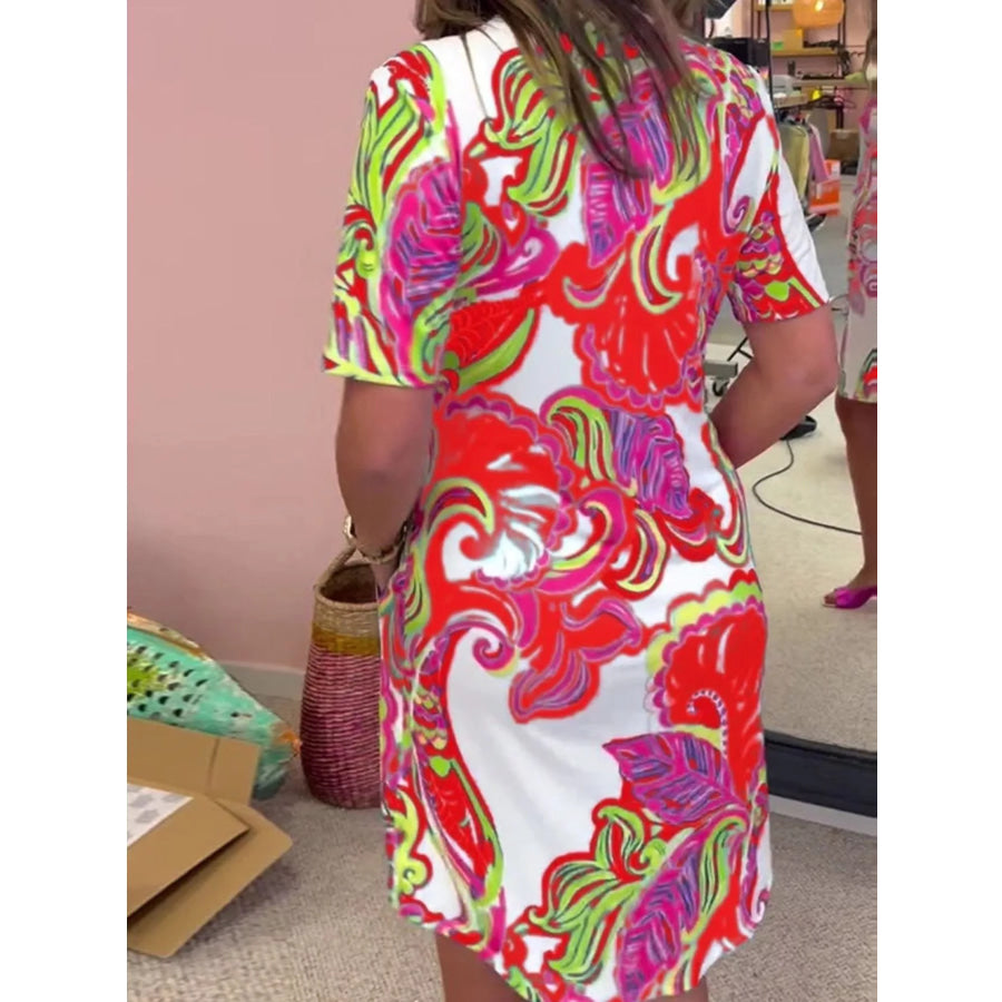 Full Size Vibrant Paisley Print Short Sleeve Shift Dress Plus Apparel and Accessories
