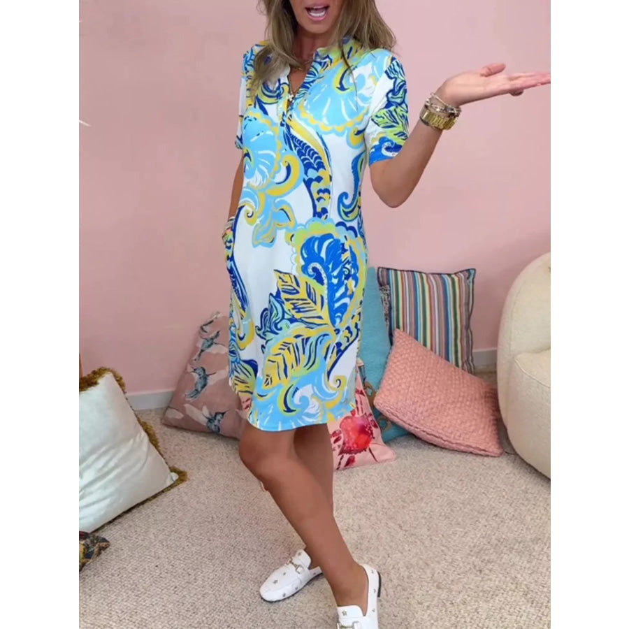 Full Size Vibrant Paisley Print Short Sleeve Shift Dress Plus Blue / S Apparel and Accessories