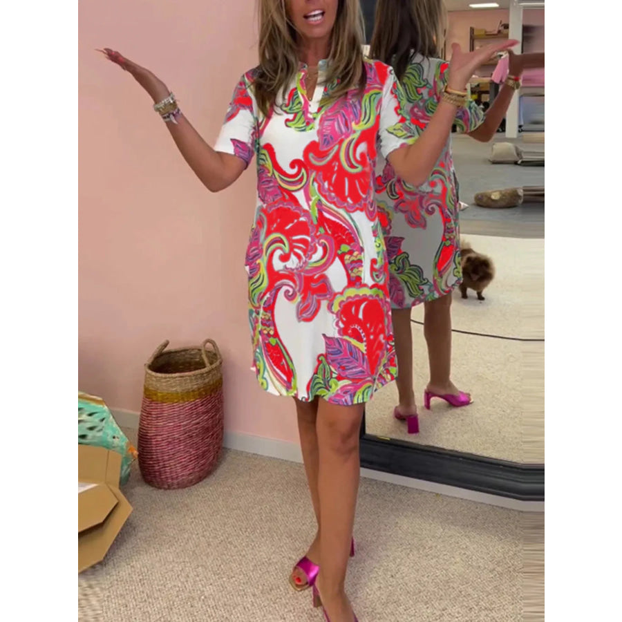 Full Size Vibrant Paisley Print Short Sleeve Shift Dress Plus Red / S Apparel and Accessories