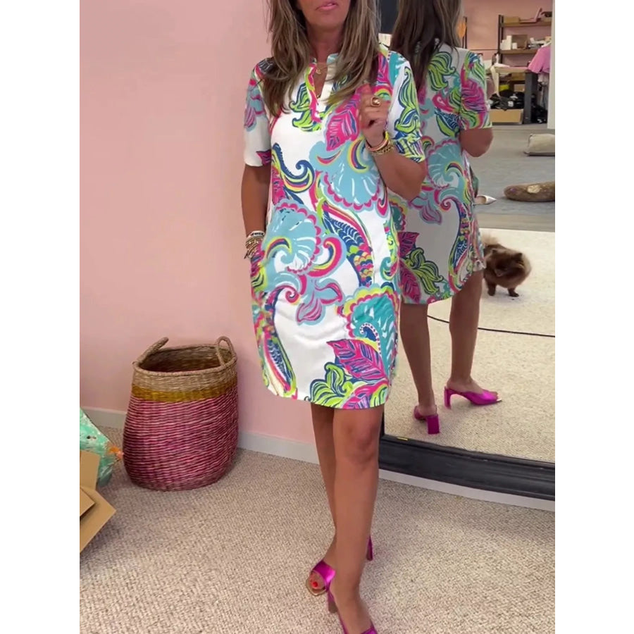 Full Size Vibrant Paisley Print Short Sleeve Shift Dress Plus White / S Apparel and Accessories