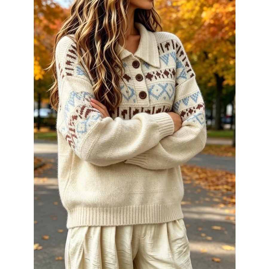 Full Size Vintage Fair Isle Pattern Polo Collar Sweater Plus Apparel and Accessories