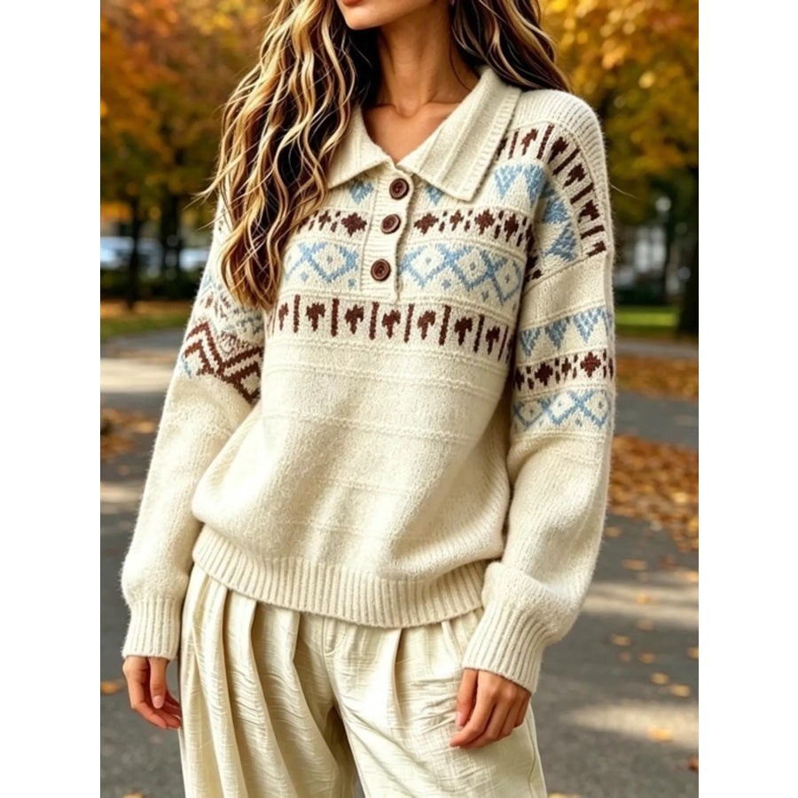Full Size Vintage Fair Isle Pattern Polo Collar Sweater Plus Apparel and Accessories