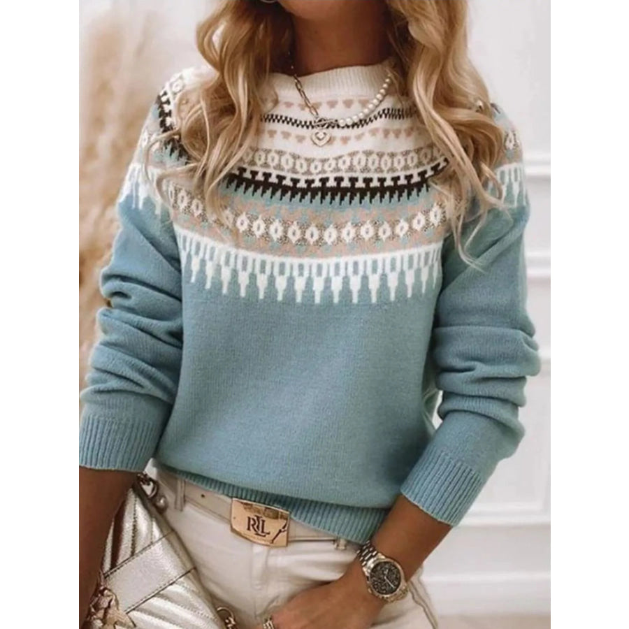 Full Size Vintage Patterned Round Neck Sweater Plus Size Air Force Blue / S Apparel and Accessories