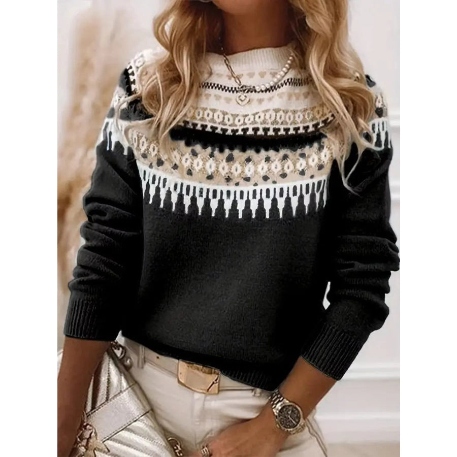 Full Size Vintage Patterned Round Neck Sweater Plus Size Black / S Apparel and Accessories