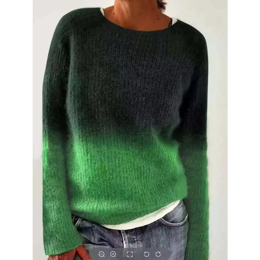 Full Size Vintage Patterned Round Neck Sweater Plus Size Black / S Apparel and Accessories