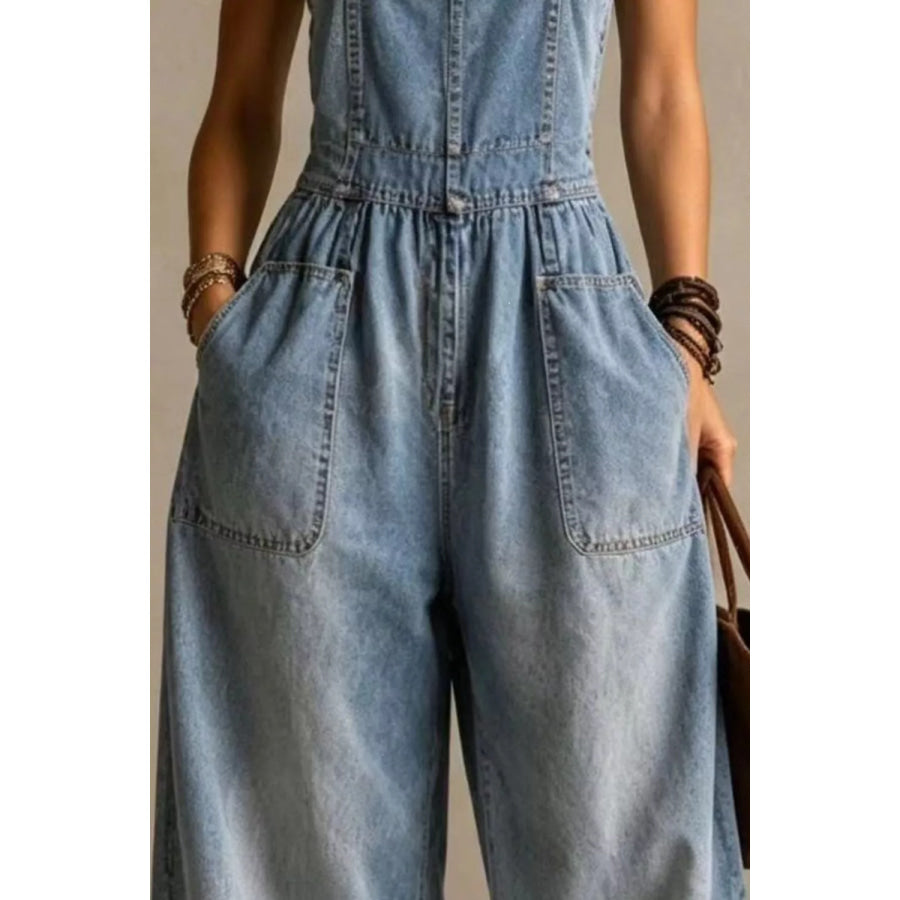 Full Size Vintage Wash Wide-Leg Denim Overalls with Pockets Plus Sky Blue / S Apparel and Accessories