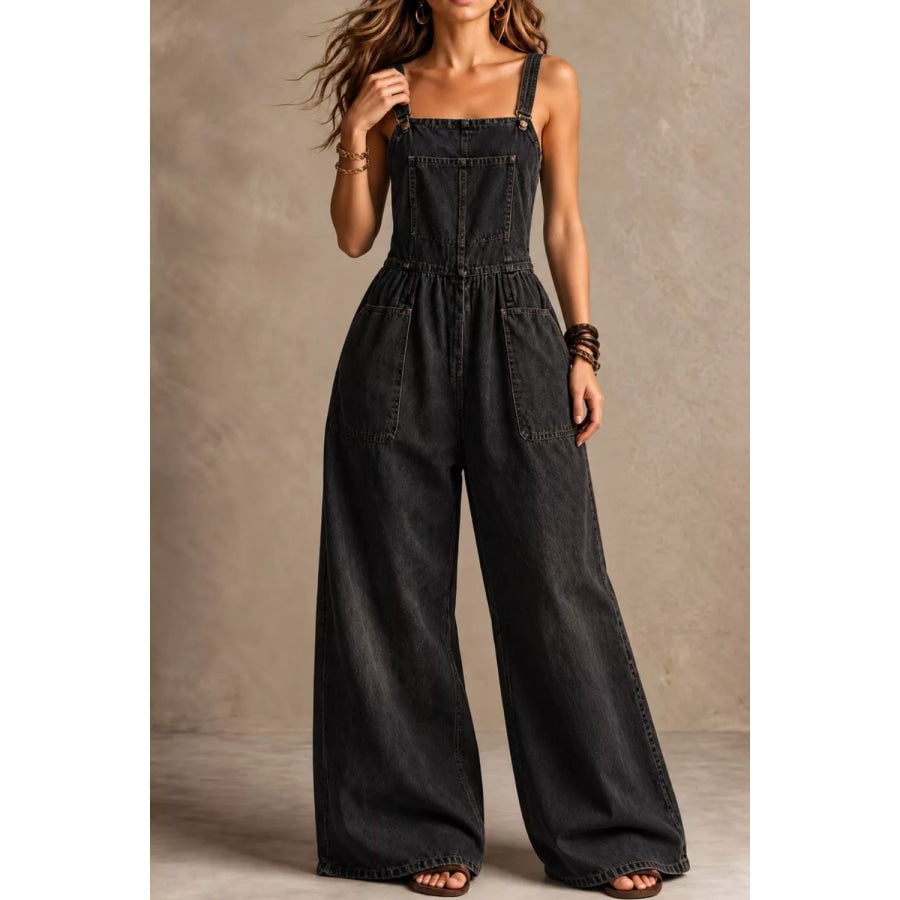 Full Size Vintage Wash Wide-Leg Denim Overalls with Pockets Plus Black / S Apparel and Accessories