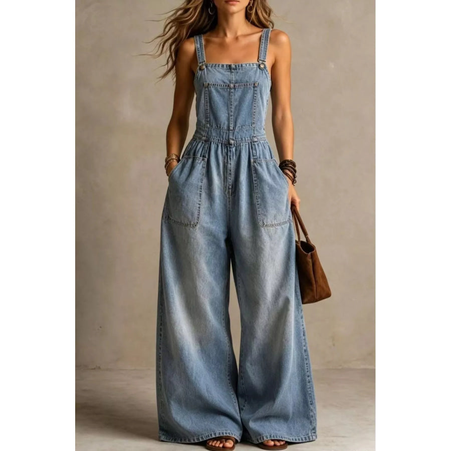 Full Size Vintage Wash Wide-Leg Denim Overalls with Pockets Plus Sky Blue / S Apparel and Accessories