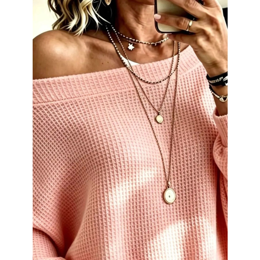 Full Size Waffle Knit Boat Neck Sweatshirt Plus Apparel and Accessories