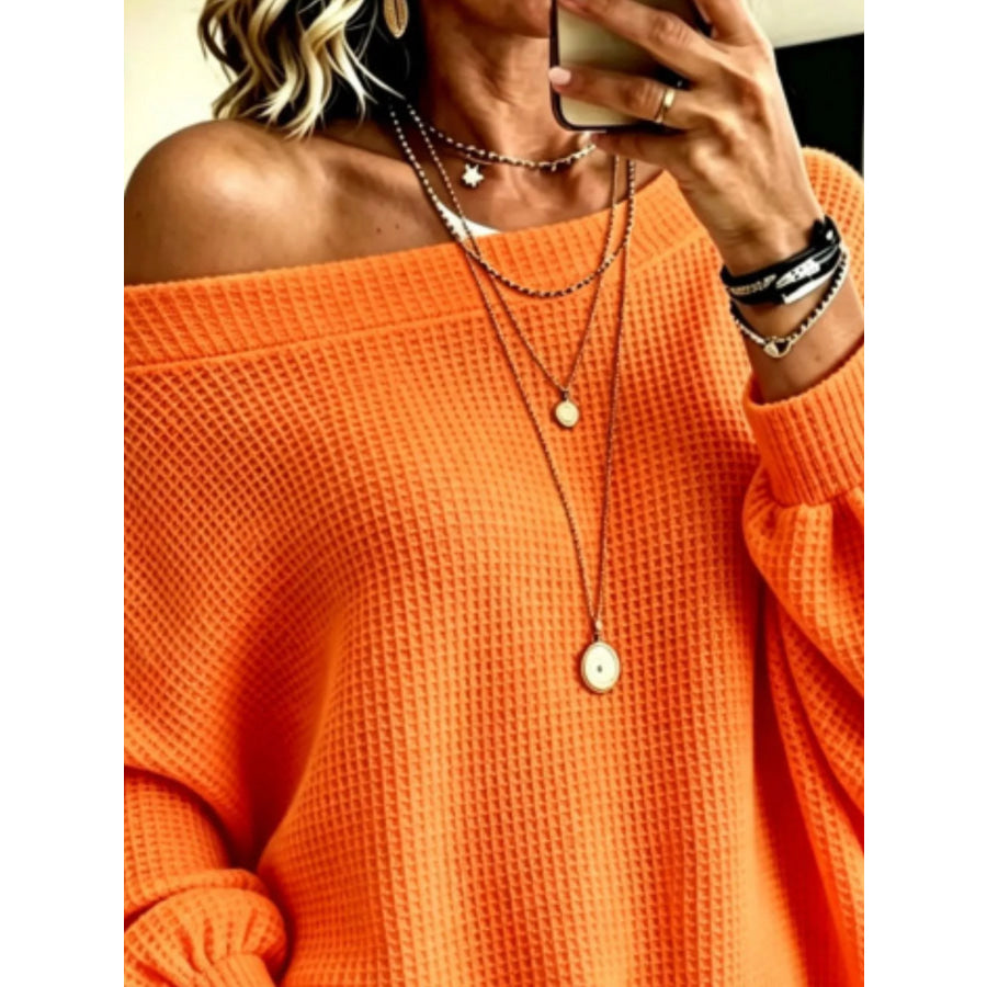 Full Size Waffle Knit Boat Neck Sweatshirt Plus Apparel and Accessories