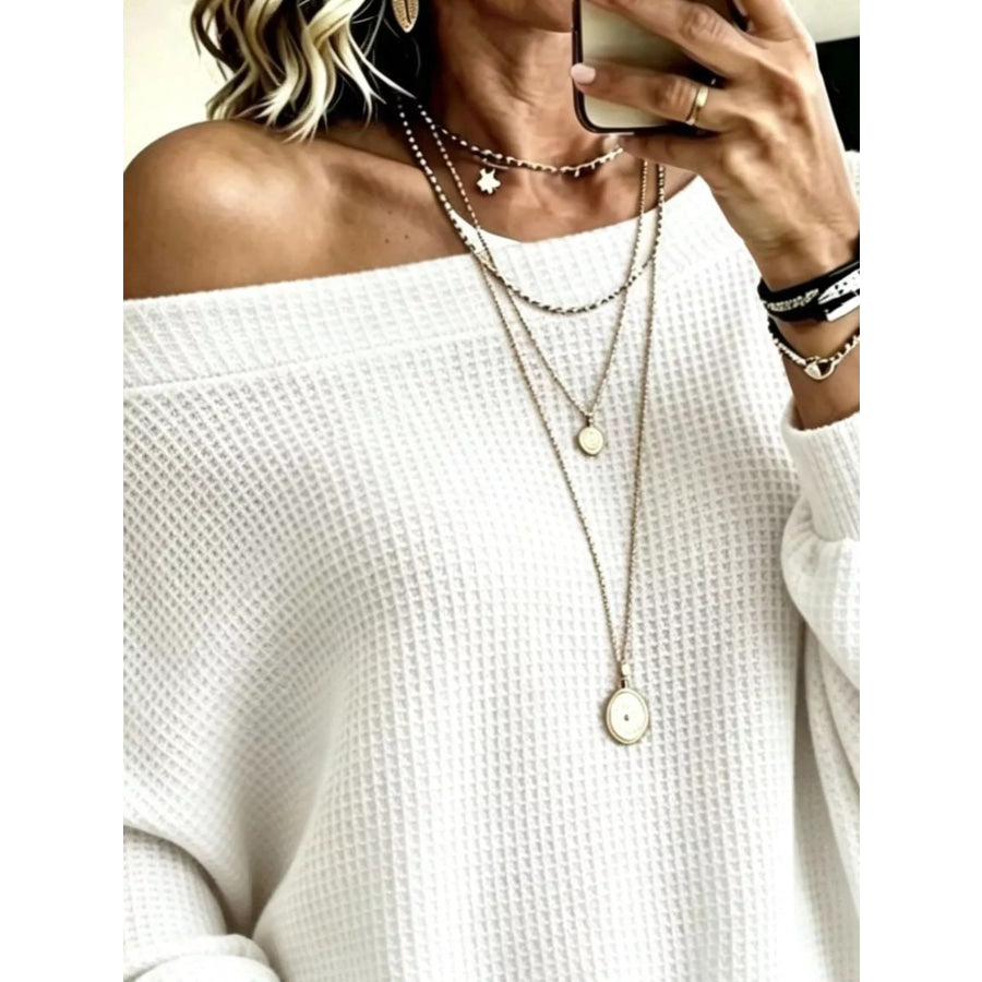 Full Size Waffle Knit Boat Neck Sweatshirt Plus Apparel and Accessories