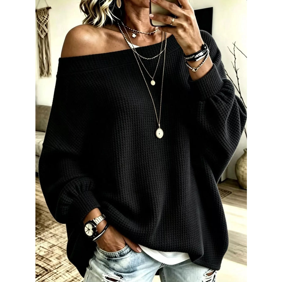 Full Size Waffle Knit Boat Neck Sweatshirt Plus Black / S Apparel and Accessories