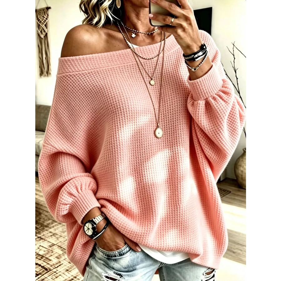 Full Size Waffle Knit Boat Neck Sweatshirt Plus Lotus Root Color / S Apparel and Accessories