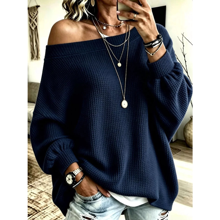 Full Size Waffle Knit Boat Neck Sweatshirt Plus Navy Blue / S Apparel and Accessories