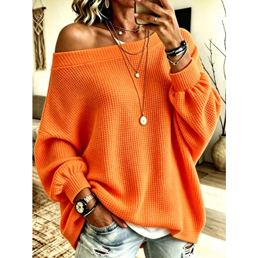 Full Size Waffle Knit Boat Neck Sweatshirt Plus Orange-red / S Apparel and Accessories