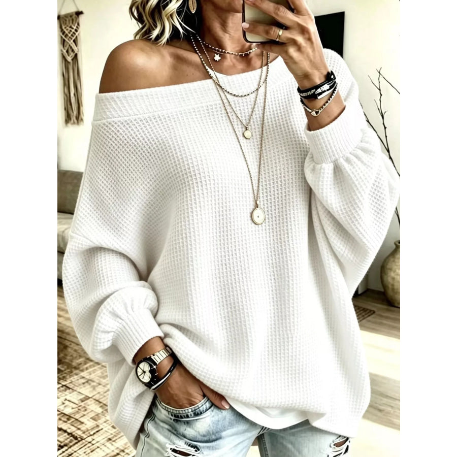 Full Size Waffle Knit Boat Neck Sweatshirt Plus White / S Apparel and Accessories