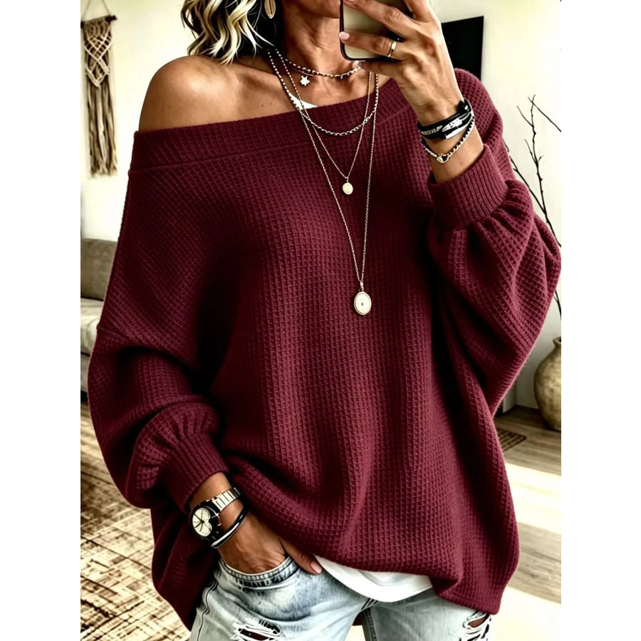 Full Size Waffle Knit Boat Neck Sweatshirt Plus Wine Red / S Apparel and Accessories