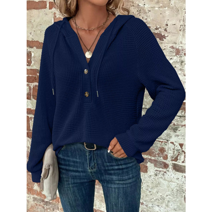 Full Size Waffle Knit Button Detail Hoodie Plus Apparel and Accessories