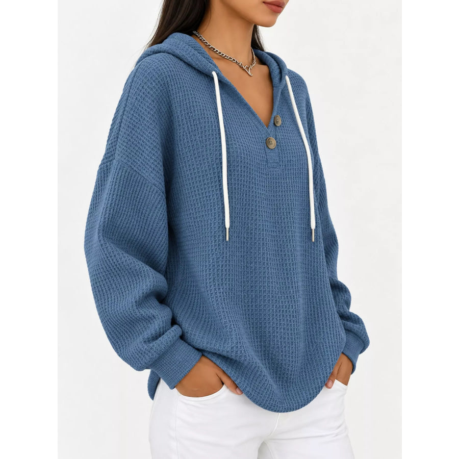 Full Size Waffle Knit Button Detail Hoodie Plus Apparel and Accessories