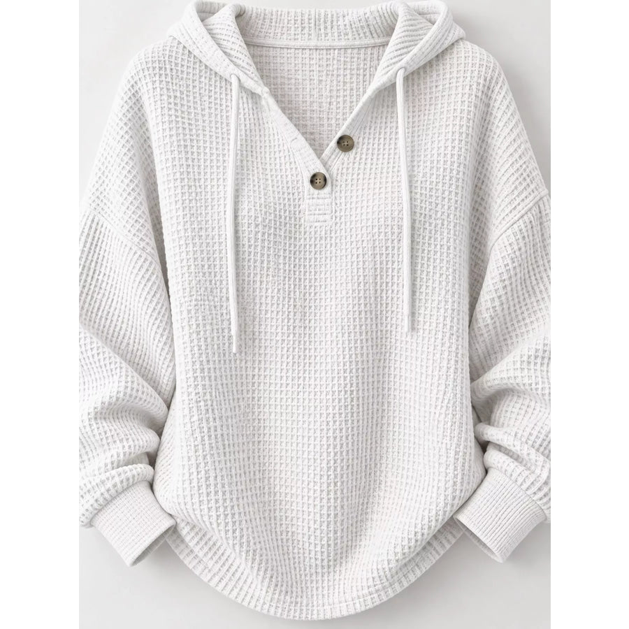 Full Size Waffle Knit Button Detail Hoodie Plus Apparel and Accessories
