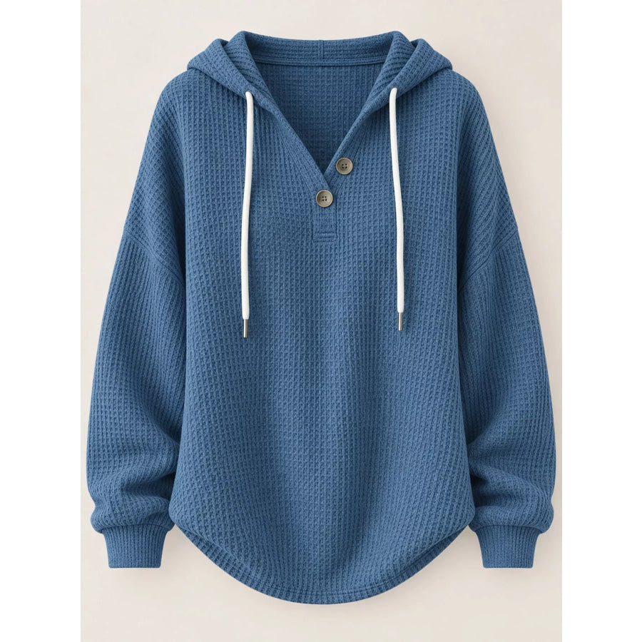 Full Size Waffle Knit Button Detail Hoodie Plus Apparel and Accessories