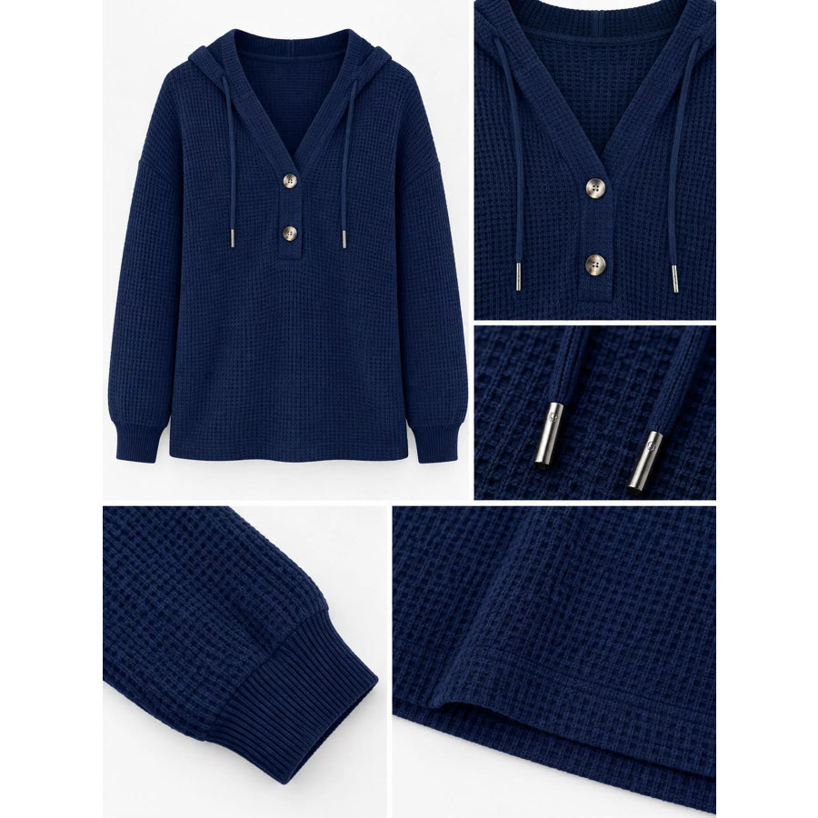 Full Size Waffle Knit Button Detail Hoodie Plus Apparel and Accessories