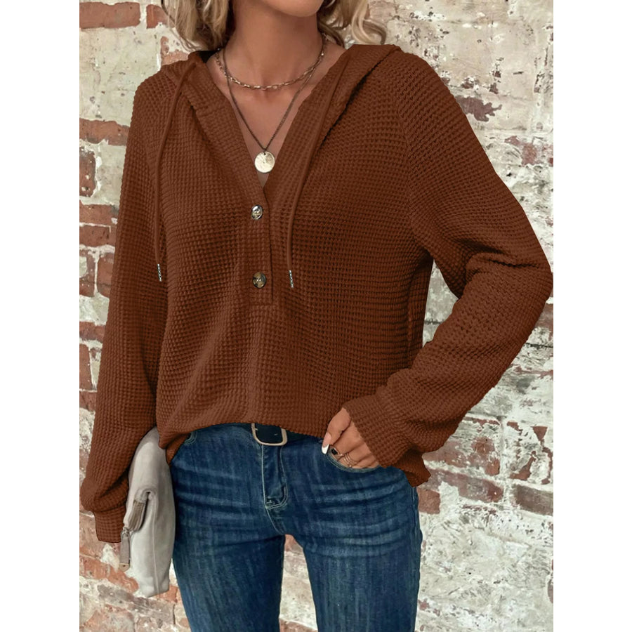 Full Size Waffle Knit Button Detail Hoodie Plus Apparel and Accessories
