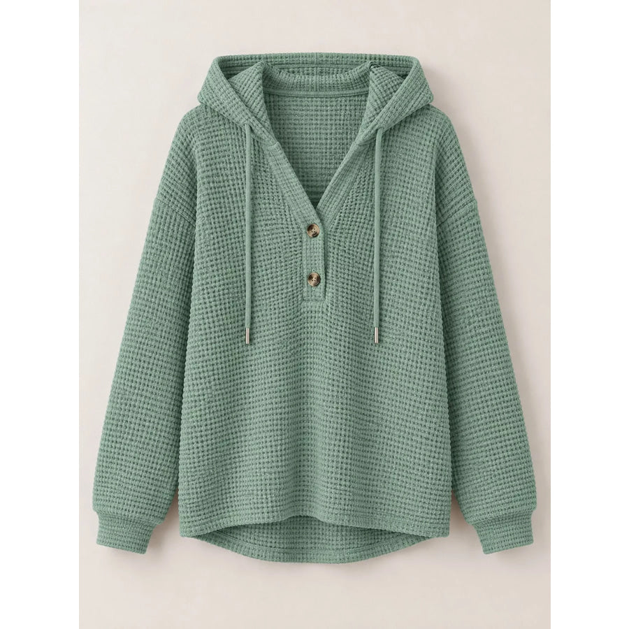 Full Size Waffle Knit Button Detail Hoodie Plus Apparel and Accessories