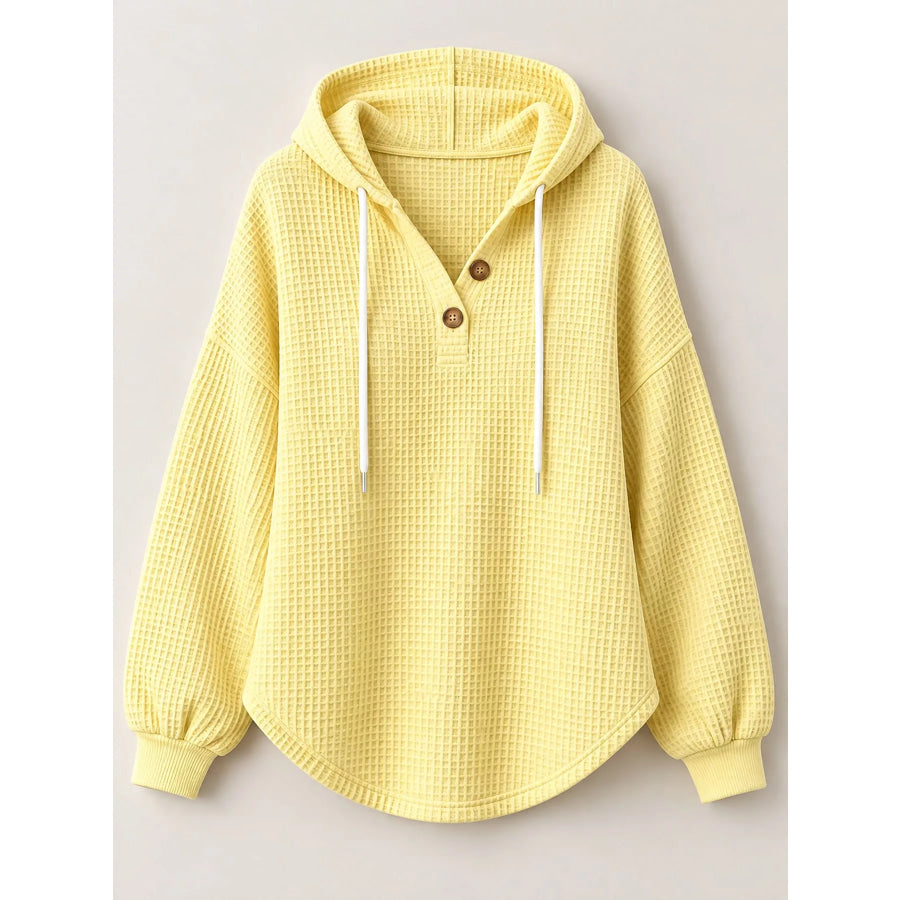 Full Size Waffle Knit Button Detail Hoodie Plus Apparel and Accessories