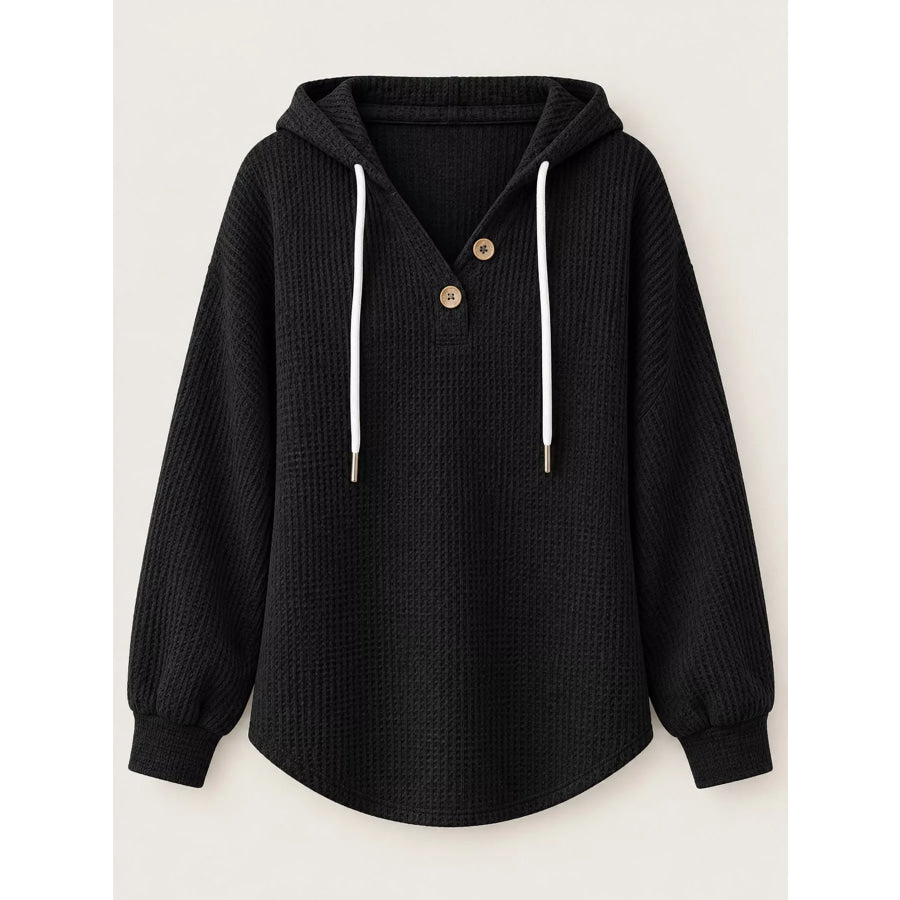 Full Size Waffle Knit Button Detail Hoodie Plus Apparel and Accessories