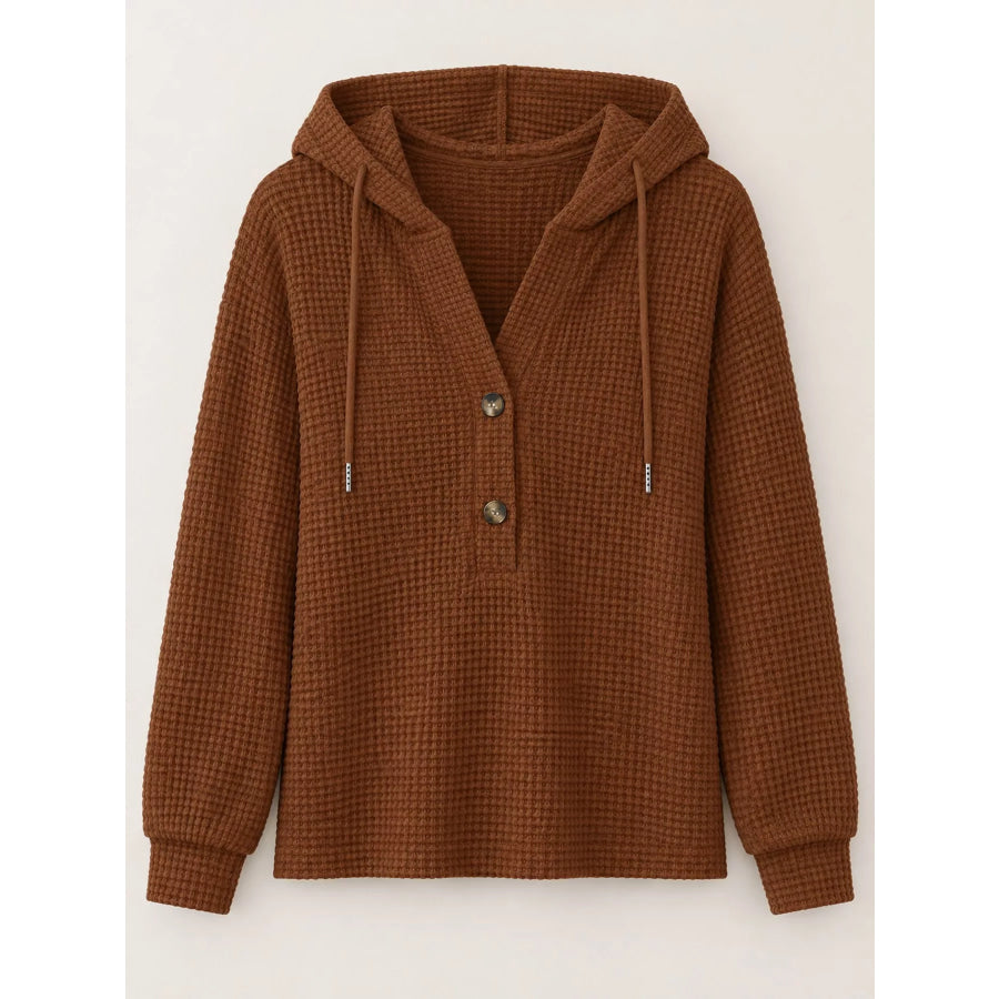 Full Size Waffle Knit Button Detail Hoodie Plus Apparel and Accessories