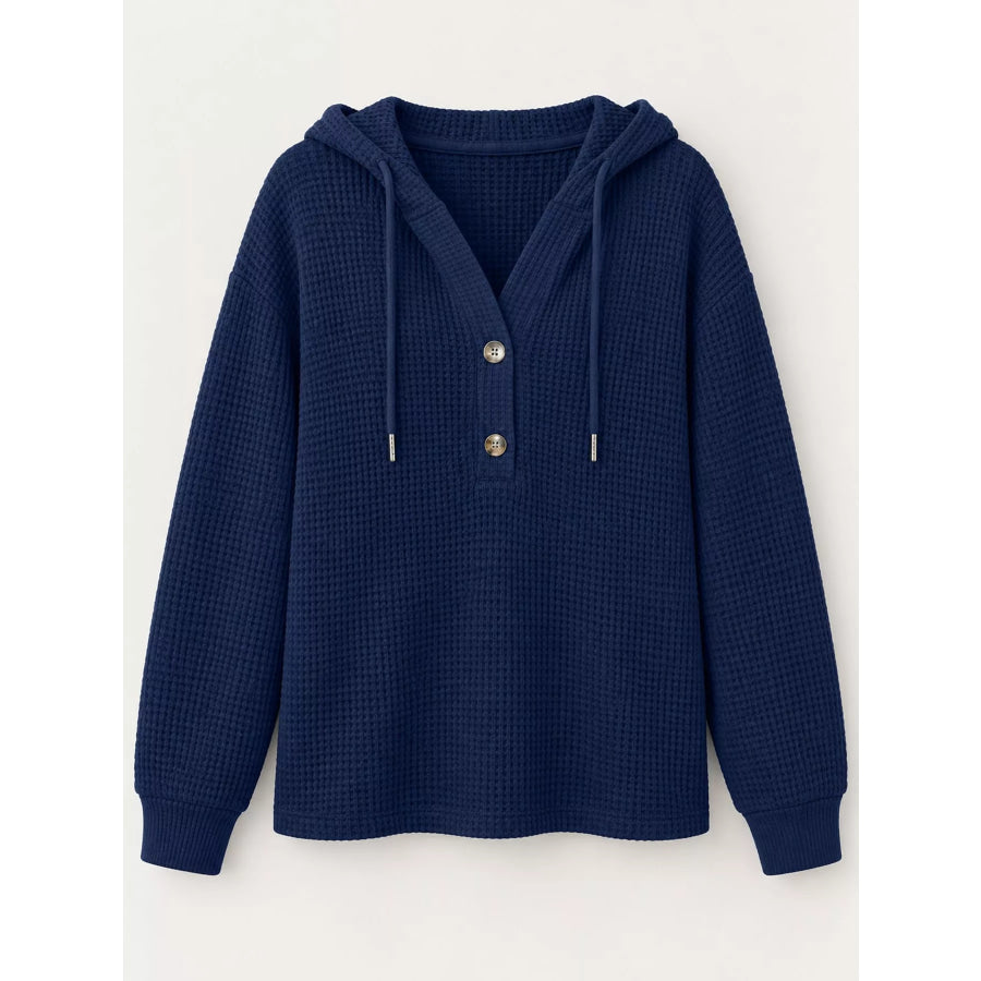 Full Size Waffle Knit Button Detail Hoodie Plus Apparel and Accessories