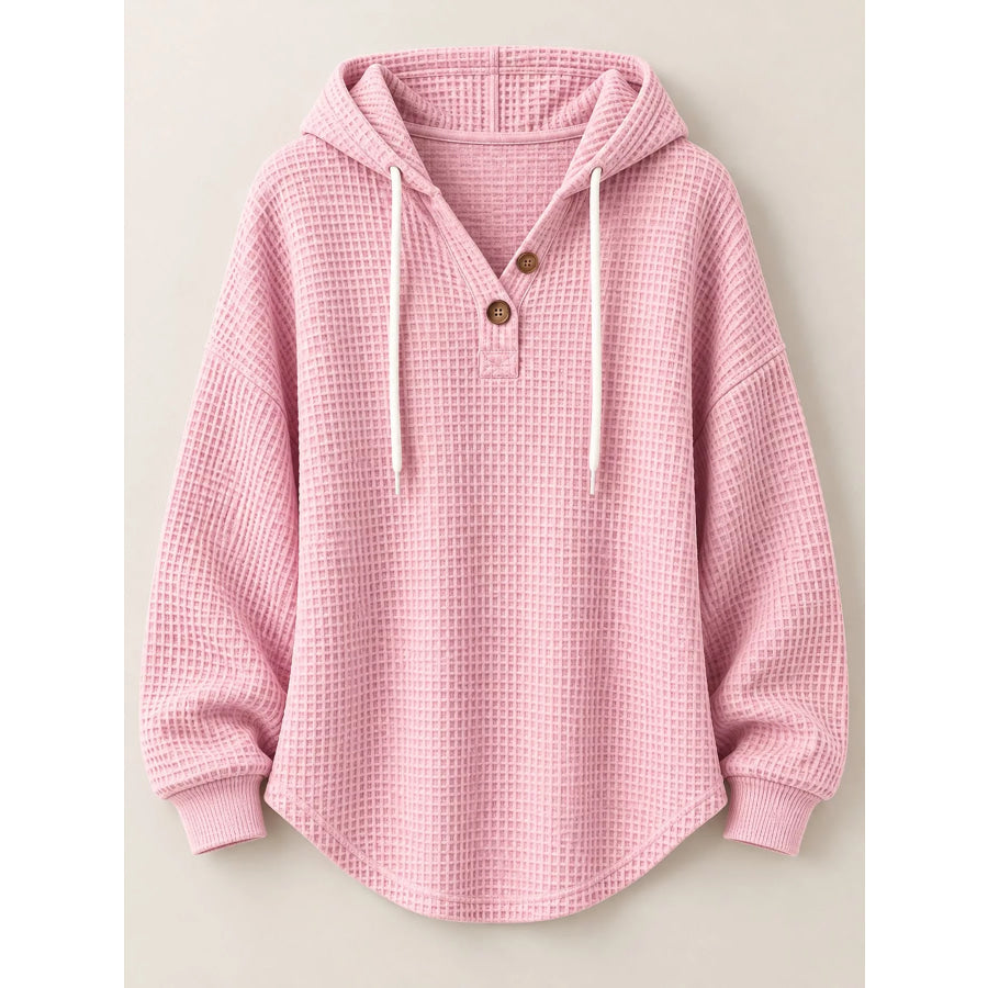 Full Size Waffle Knit Button Detail Hoodie Plus Apparel and Accessories