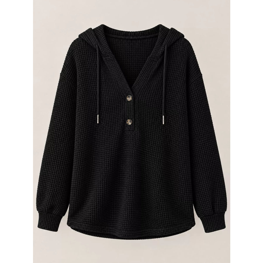 Full Size Waffle Knit Button Detail Hoodie Plus Apparel and Accessories