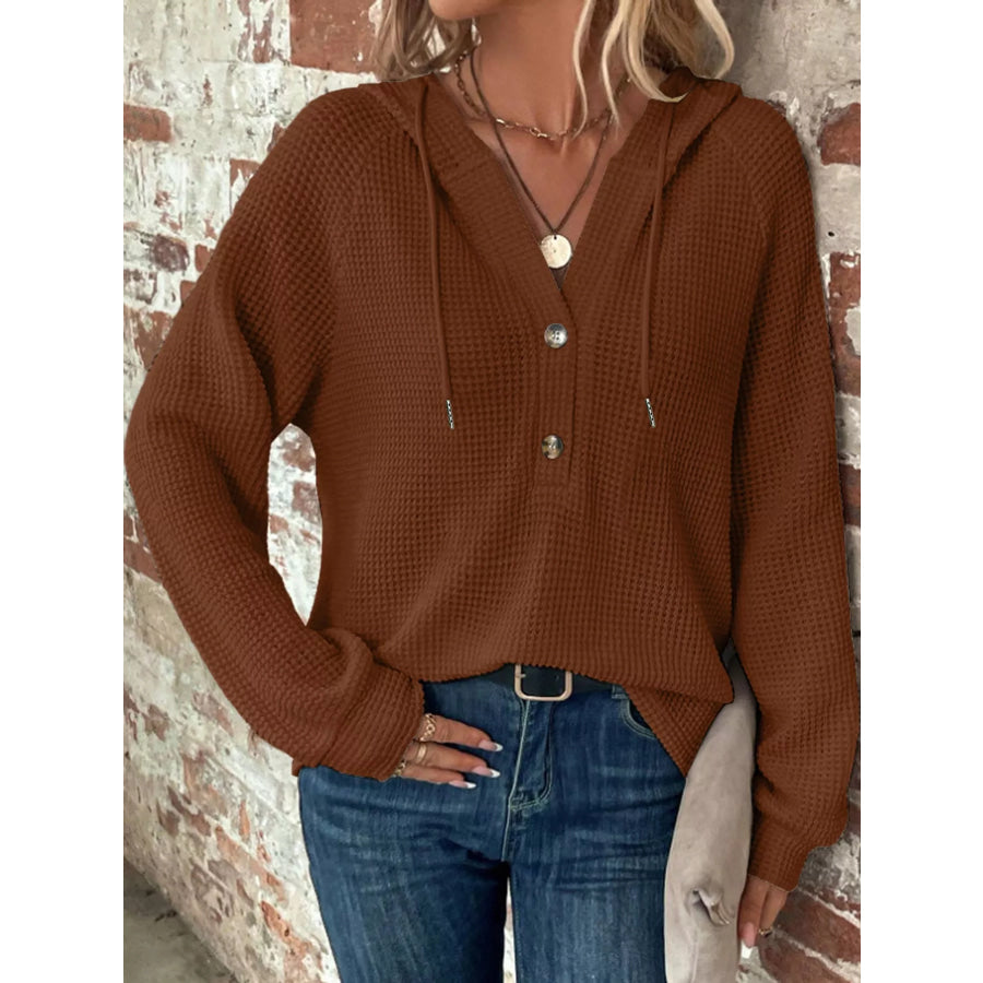 Full Size Waffle Knit Button Detail Hoodie Plus Apparel and Accessories
