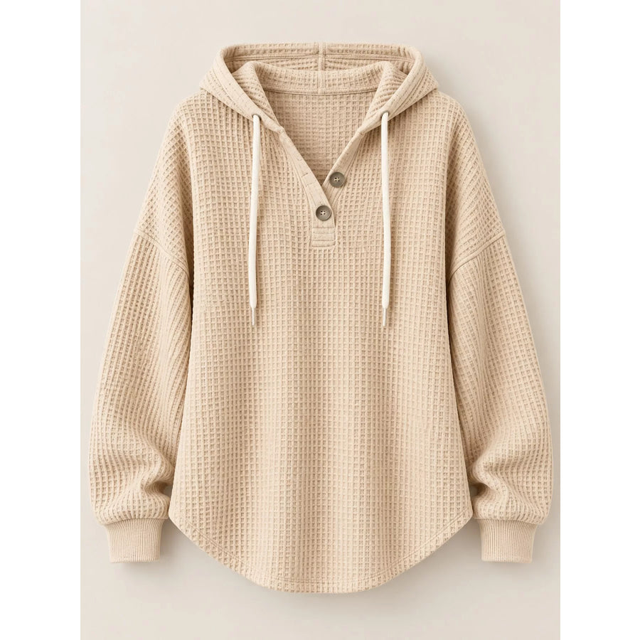 Full Size Waffle Knit Button Detail Hoodie Plus Apparel and Accessories
