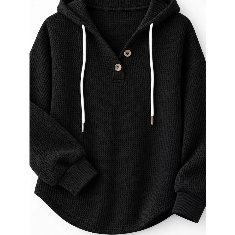 Full Size Waffle Knit Button Detail Hoodie Plus Apparel and Accessories