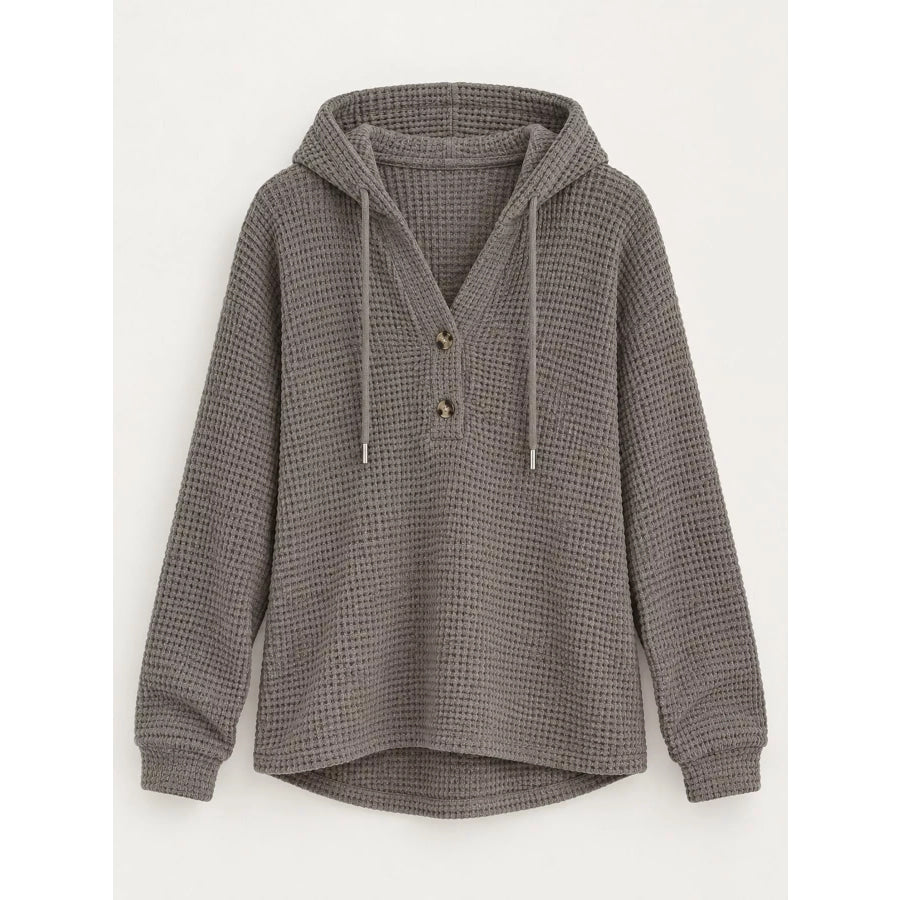 Full Size Waffle Knit Button Detail Hoodie Plus Apparel and Accessories