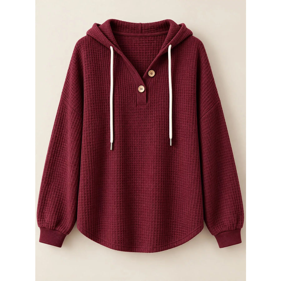 Full Size Waffle Knit Button Detail Hoodie Plus Apparel and Accessories