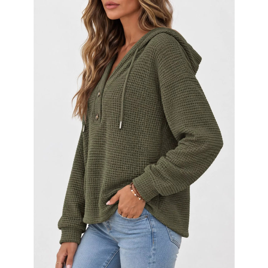 Full Size Waffle Knit Button Detail Hoodie Plus Apparel and Accessories