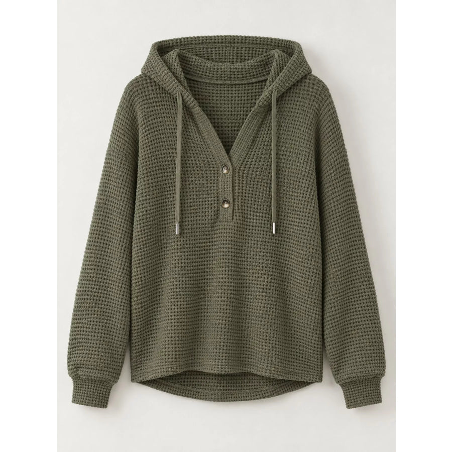 Full Size Waffle Knit Button Detail Hoodie Plus Apparel and Accessories