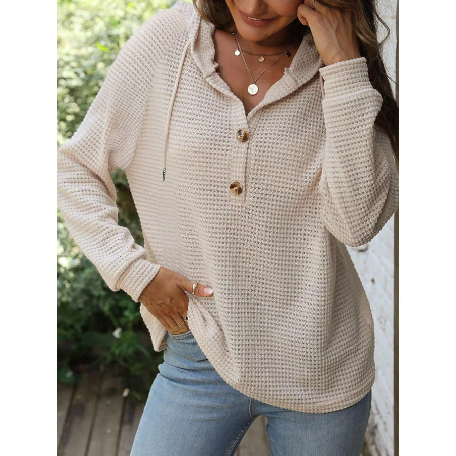 Full Size Waffle Knit Button Detail Hoodie Plus Apparel and Accessories