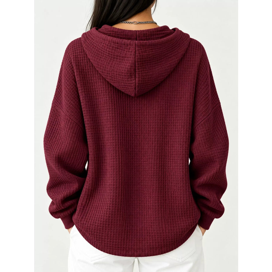 Full Size Waffle Knit Button Detail Hoodie Plus Apparel and Accessories