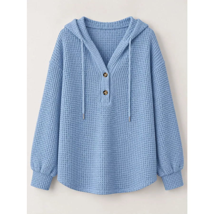 Full Size Waffle Knit Button Detail Hoodie Plus Apparel and Accessories