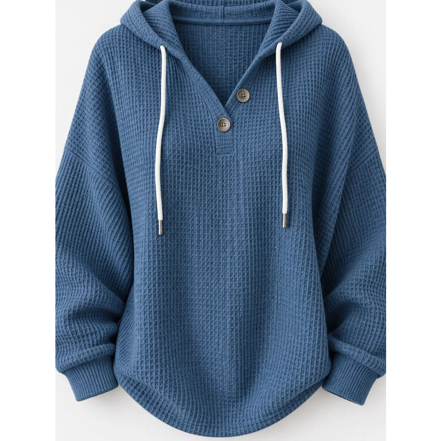 Full Size Waffle Knit Button Detail Hoodie Plus Apparel and Accessories